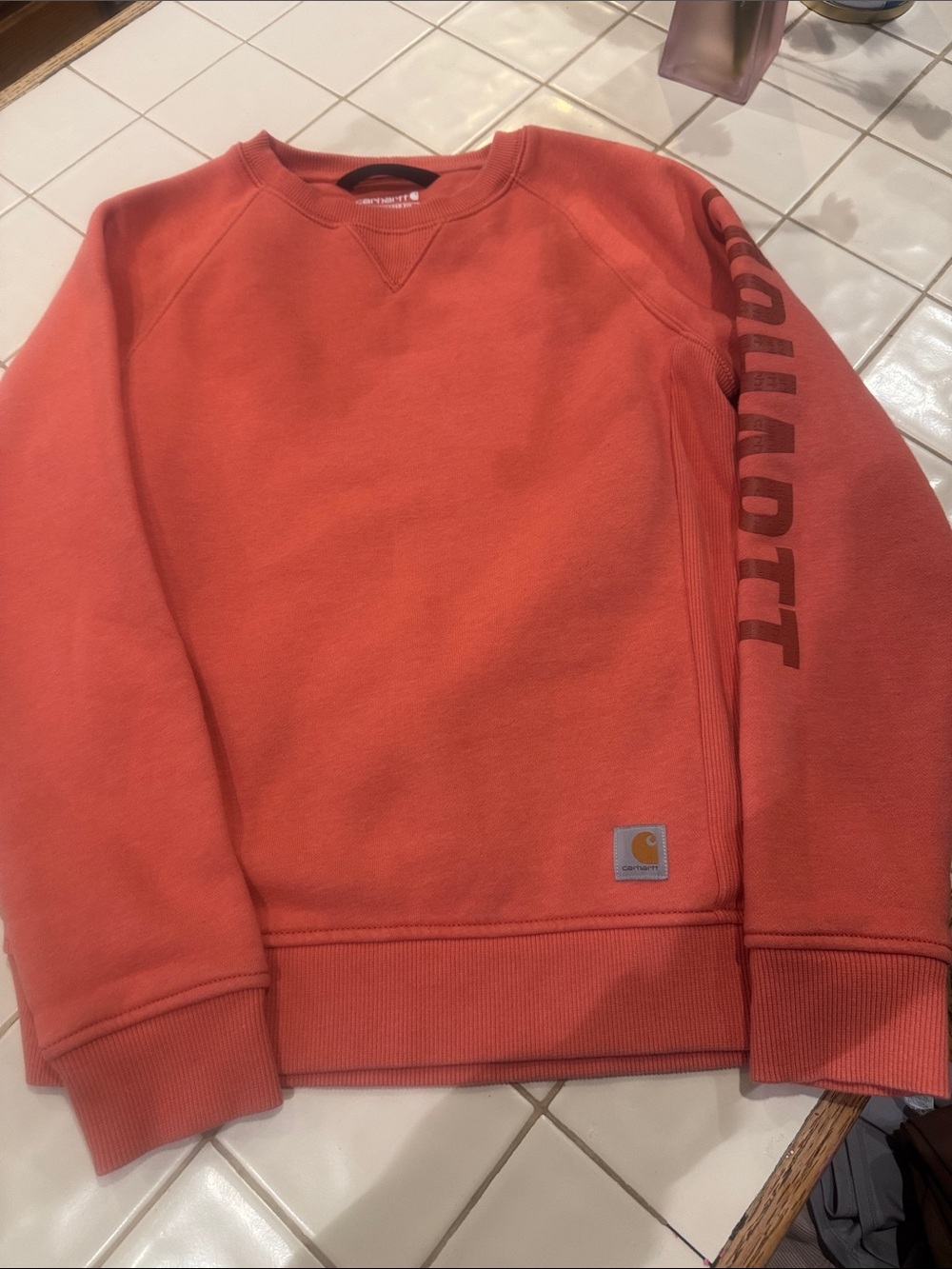 Carhartt Coral-Orange Crewneck Sweatshirt with Sleeve Logo